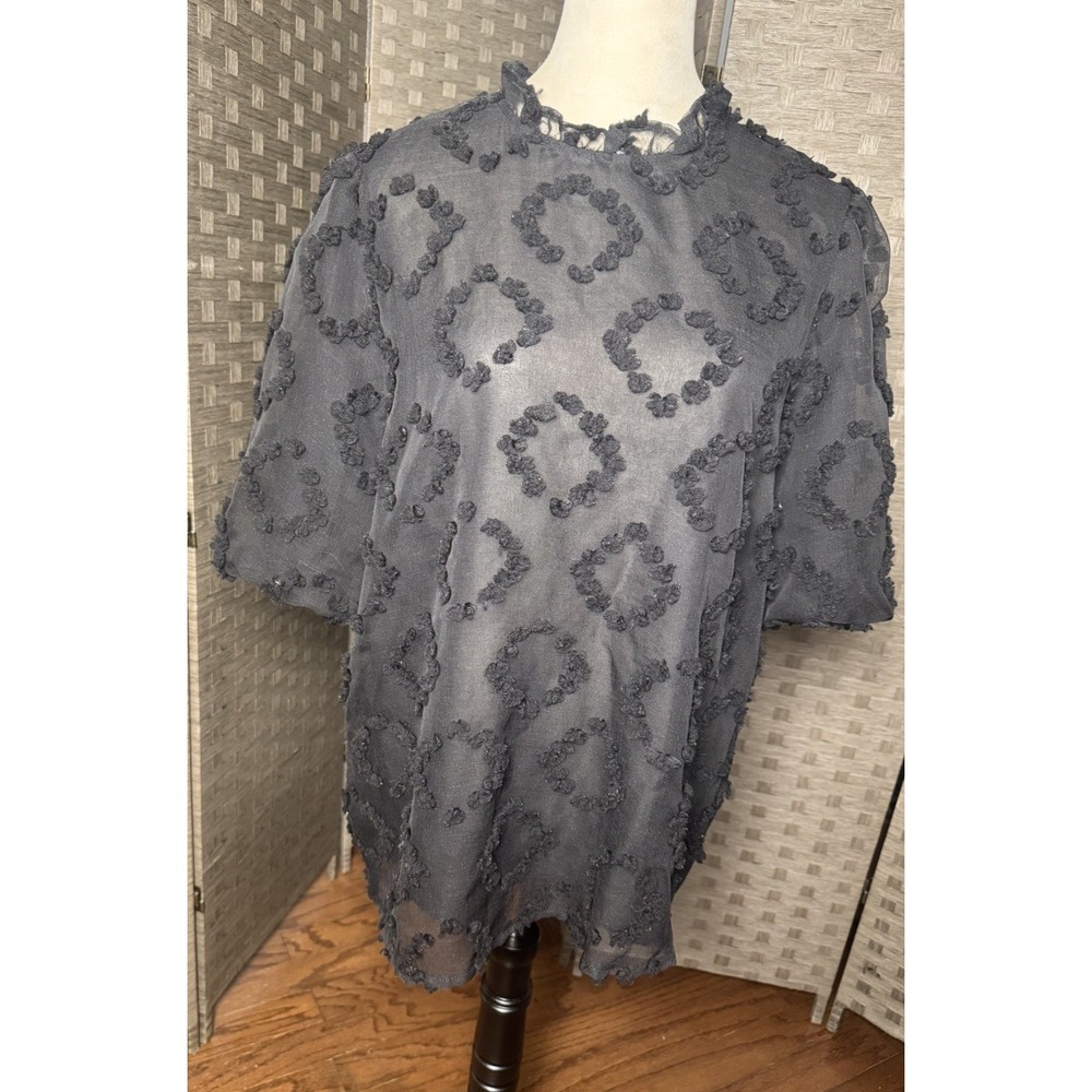 Women's Black Blouse Size 3XL Textured Dot Dobby Sheer‎ Lined Short Sleeve Plus